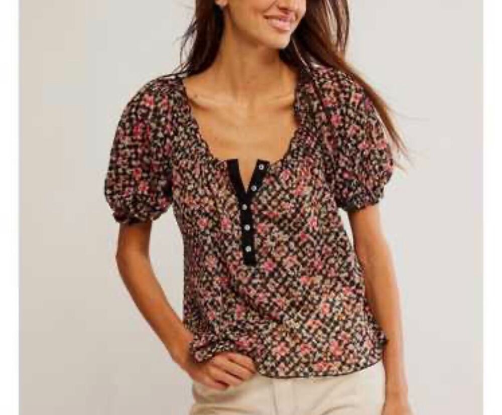 NWT Free People Astra Peasant Top in Black/Multi - M